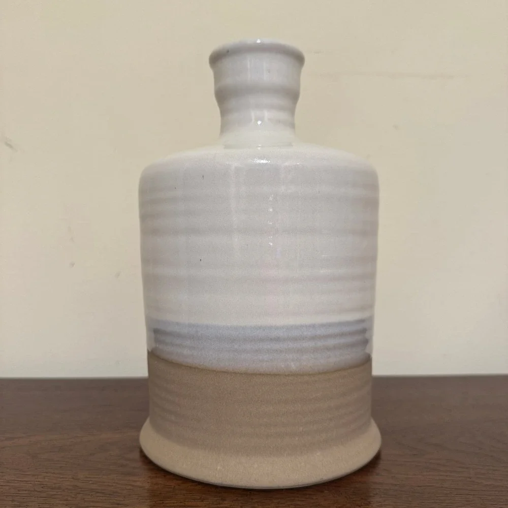 Vintage Two Tone Stoneware Pottery Jug Cream and Tan Glazed Farmhouse Pitcher